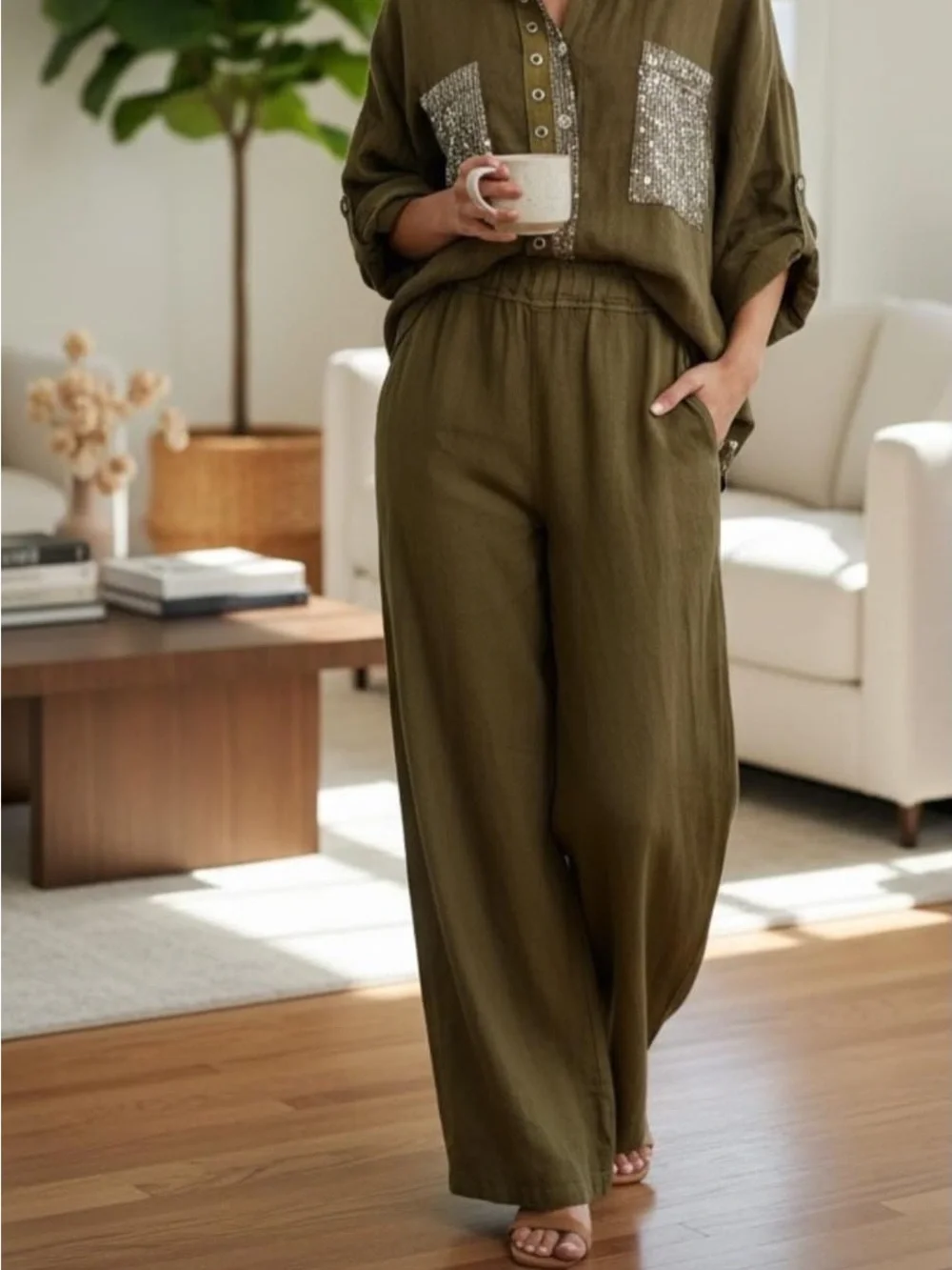 Italian Linen Wide-Leg Pants & Button Shirt Set - Dusty Mauve
